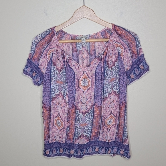 Lucky Brand | Pink Purple Boho Print Short Sleeve Top Size Small - Picture 1 of 4